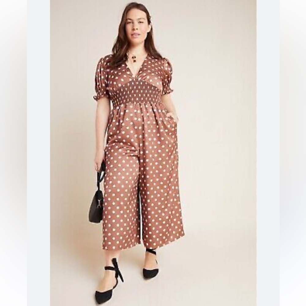 NEW Anthropologie HUTCH Lavinia Polka Dot Plus Jumpsuit Brown Motif Size 1X